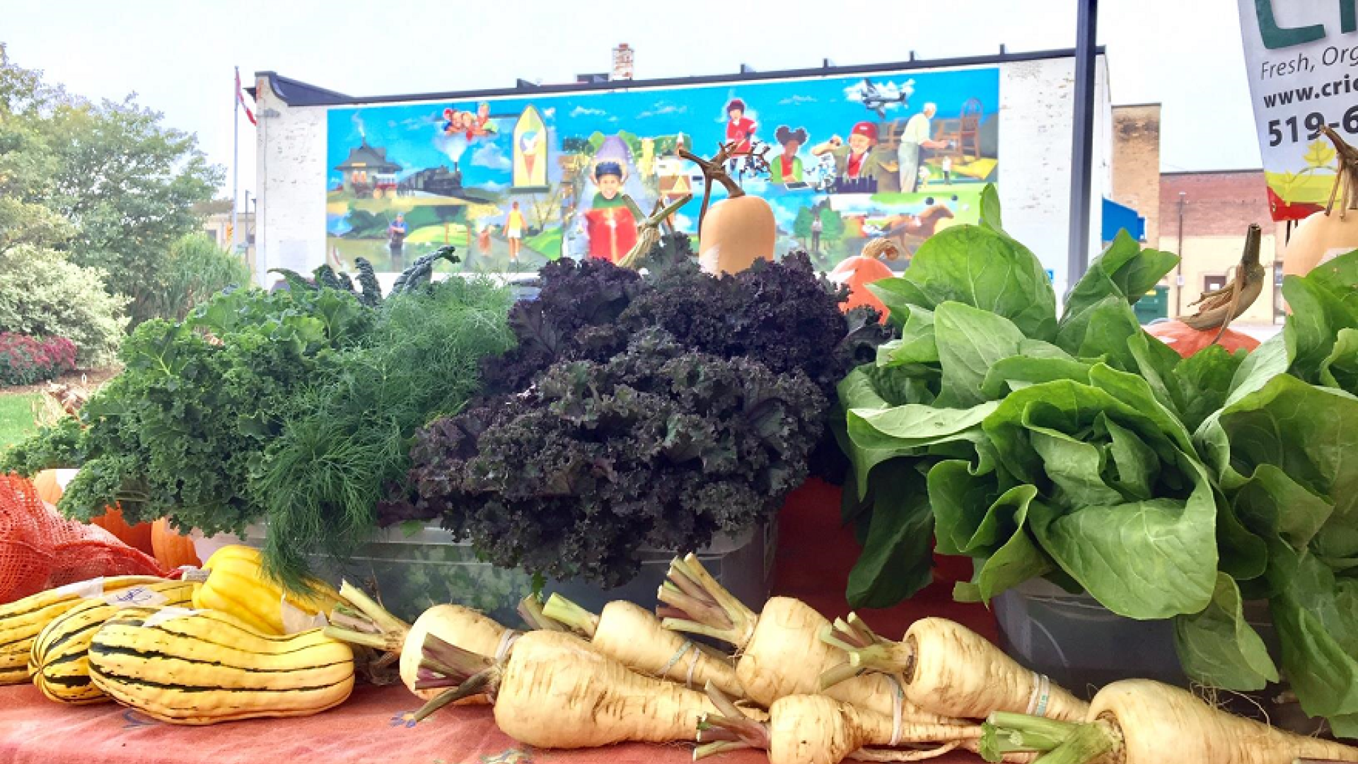 vegetables in front of mural