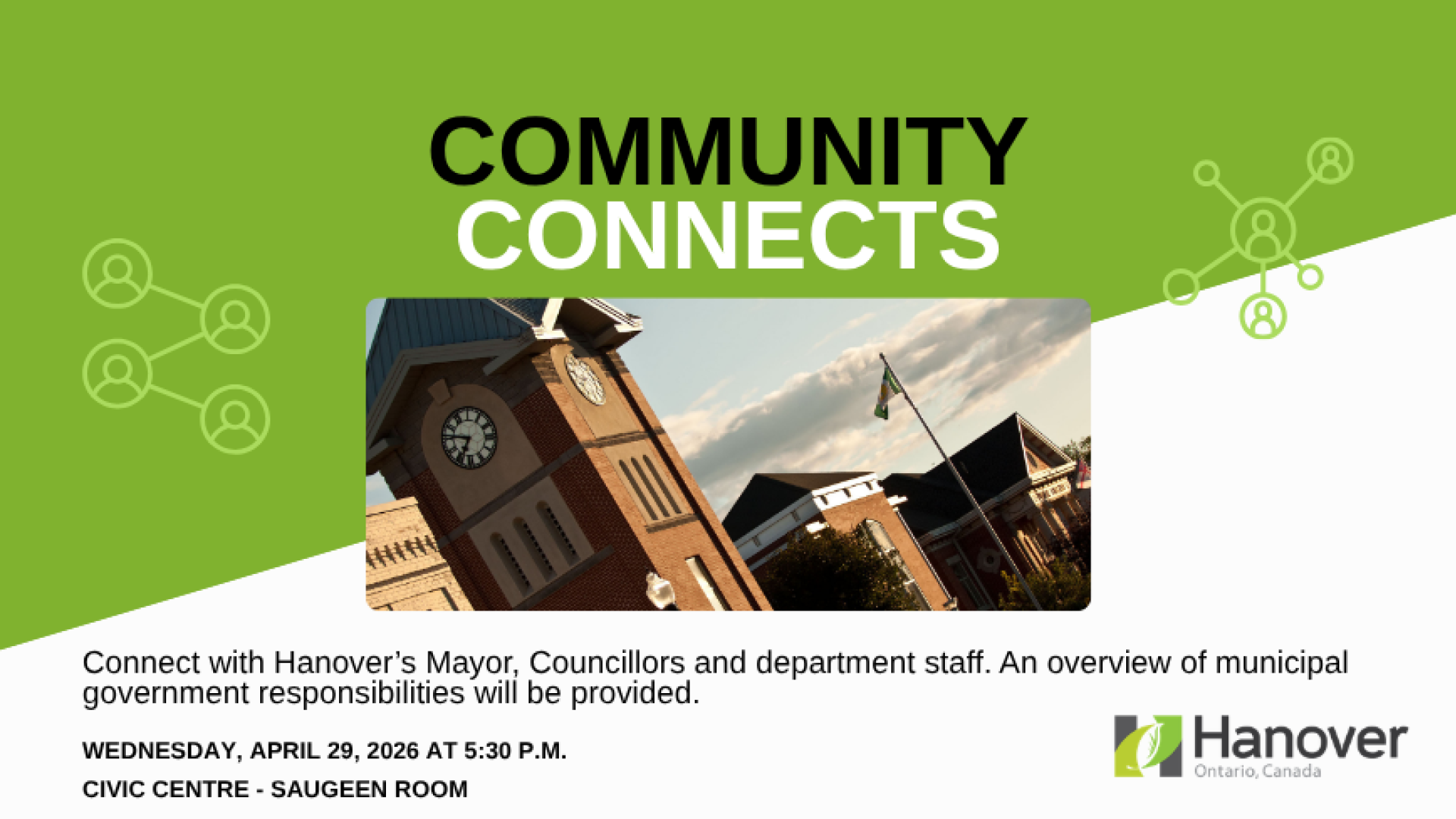 Promotional graphic titled “COMMUNITY CONNECTS” with a green and white background and simple network icons. At the center is a photo of a brick civic building with a clock tower and a Canadian flag, shown in warm evening light. Text below reads: “Connect with Hanover’s Mayor, Councillors and department staff. An overview of municipal government responsibilities will be provided.” Event details list “Wednesday, April 29, 2026 at 5:30 p.m.” and “Civic Centre – Saugeen Room.” The Town of Hanover, Ontario logo
