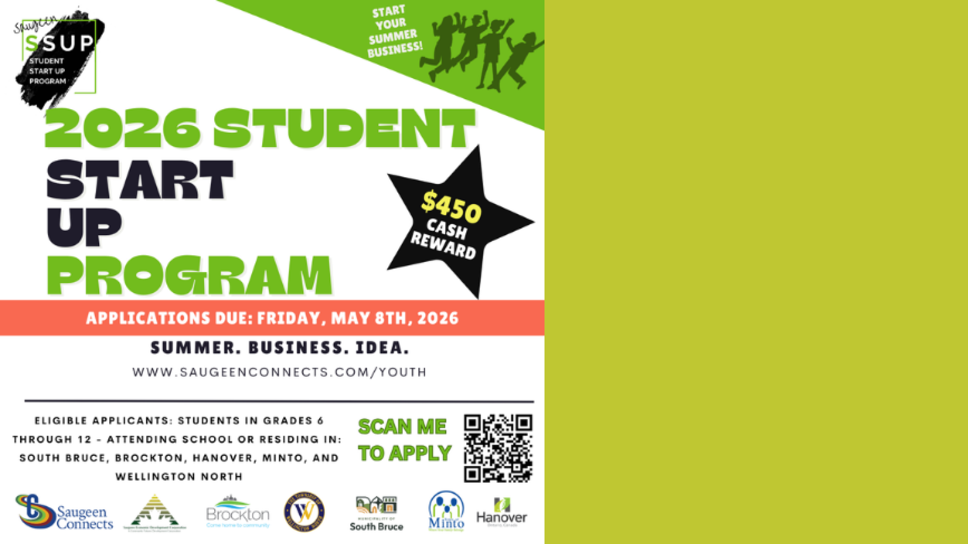 Saugeen Student Start Up Program Banner with QR Code and deadline of May 8.