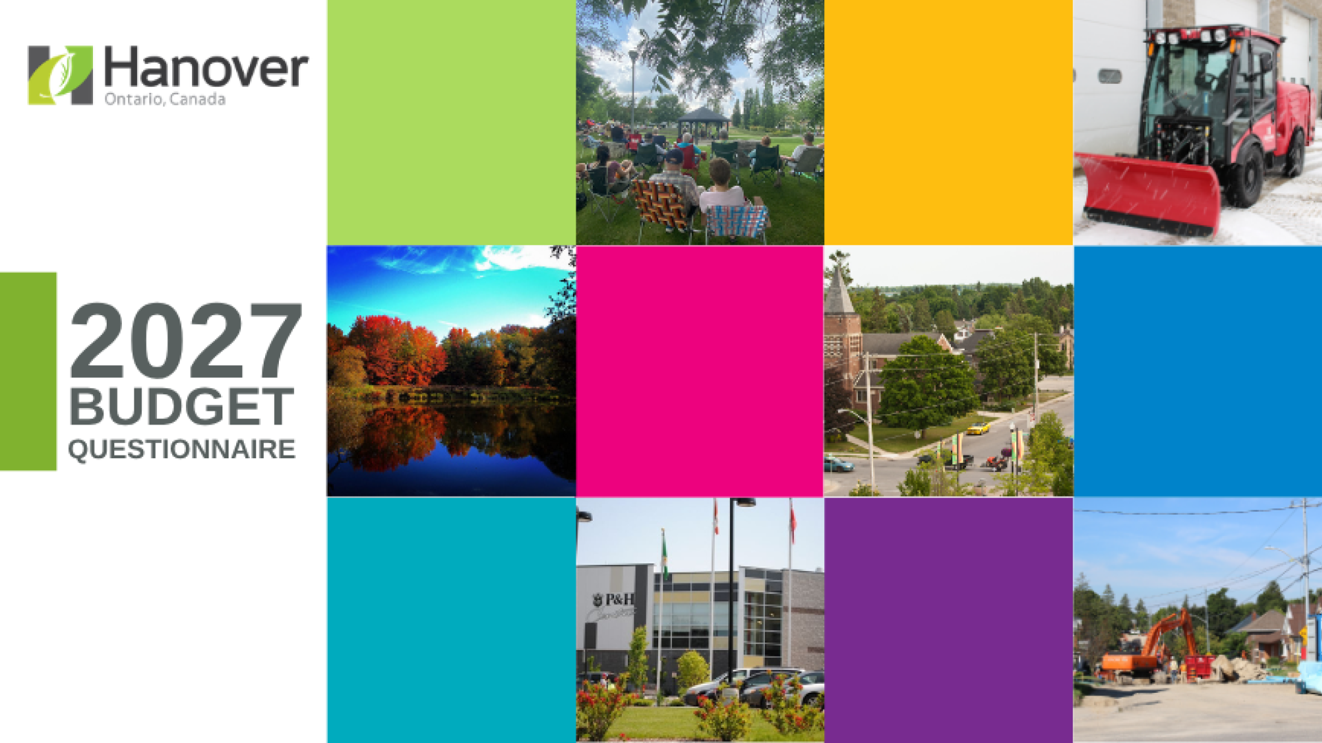 2027 Budget questionnaire with town of hanover logo and colourful squares and photos of different Town of Hanover assets and services