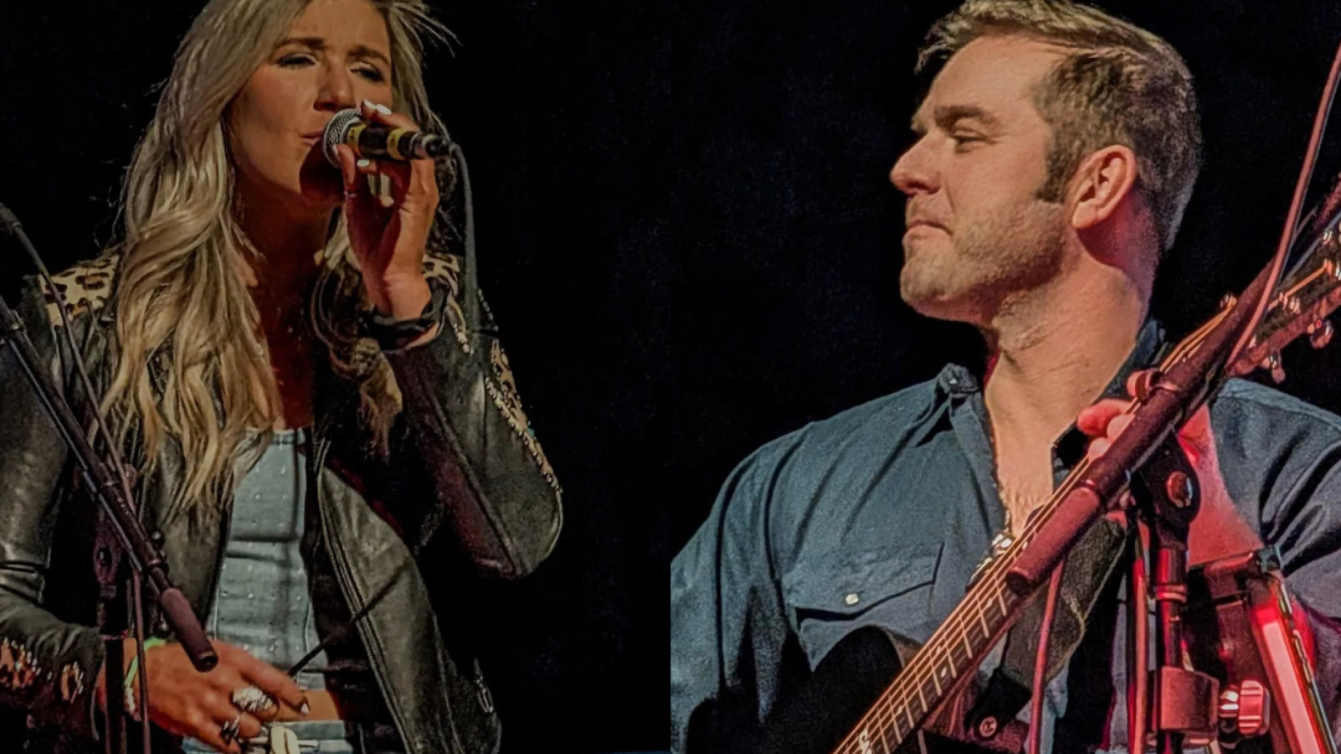 A blonde woman singing into a microphone and a blonde mane playing the guitar