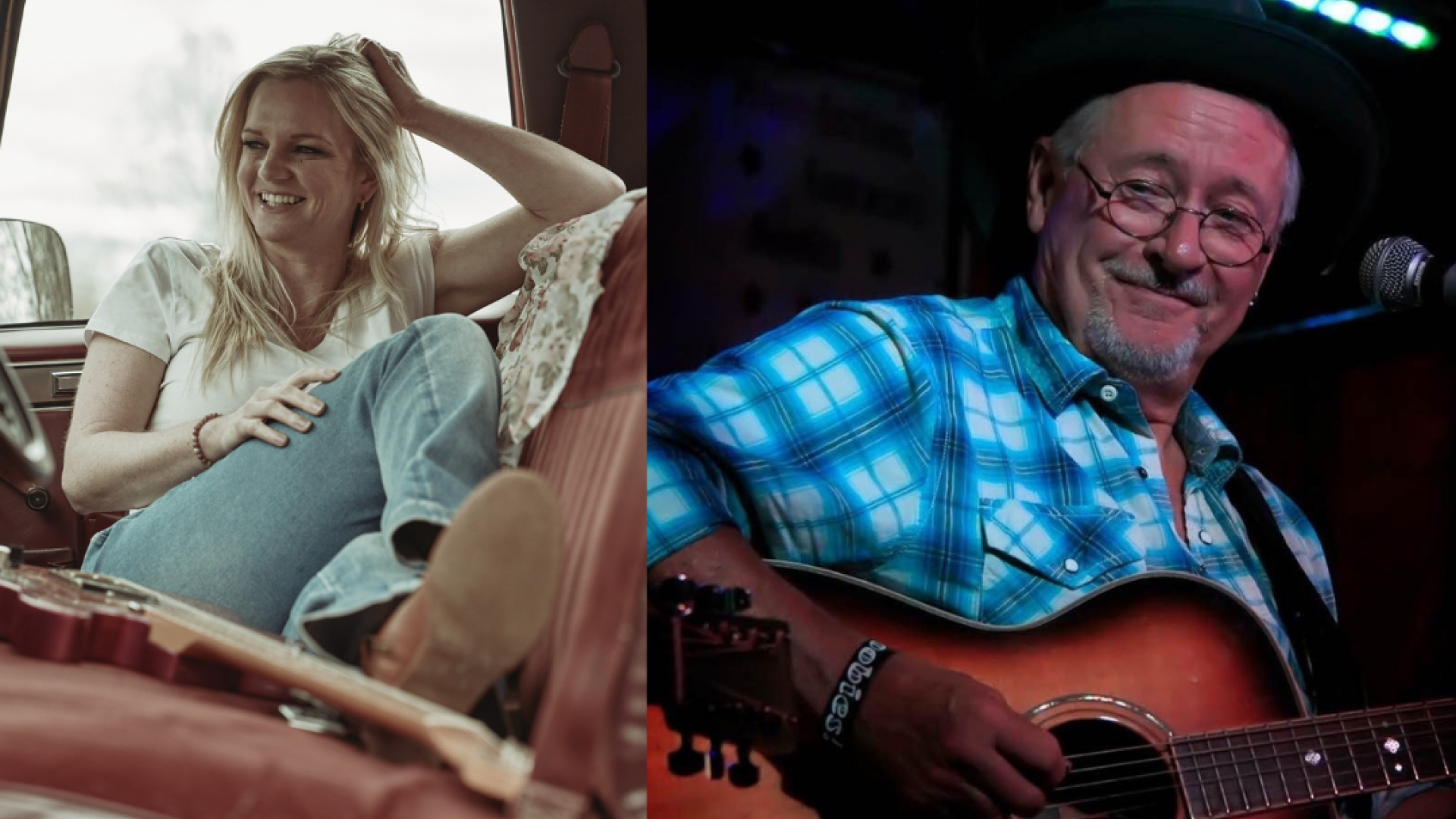 A blonde woman in the back seat of a vehicle smiling with her guitar and a man on stage wearing a plaid shirt playing the guitar
