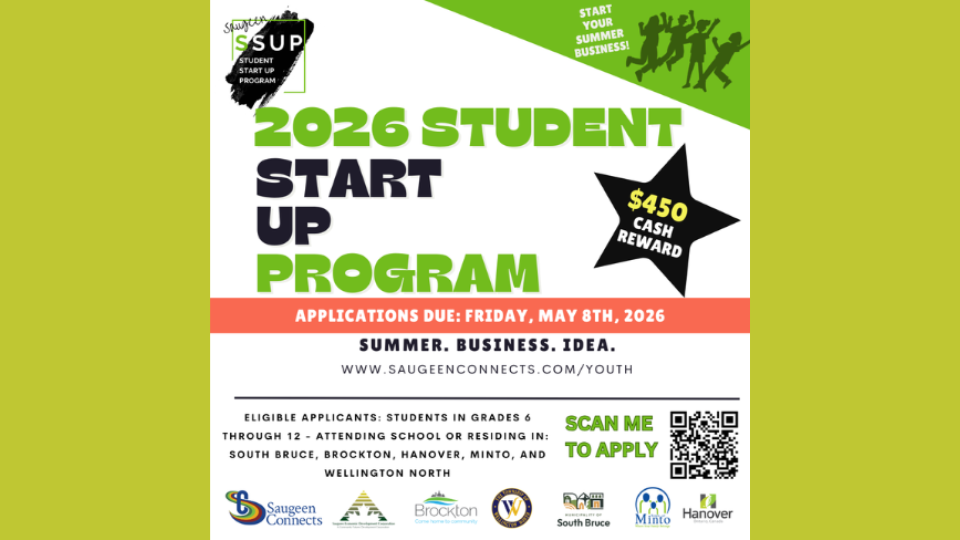 Saugeen Student Start Up Program Banner with QR Code and deadline of May 8.