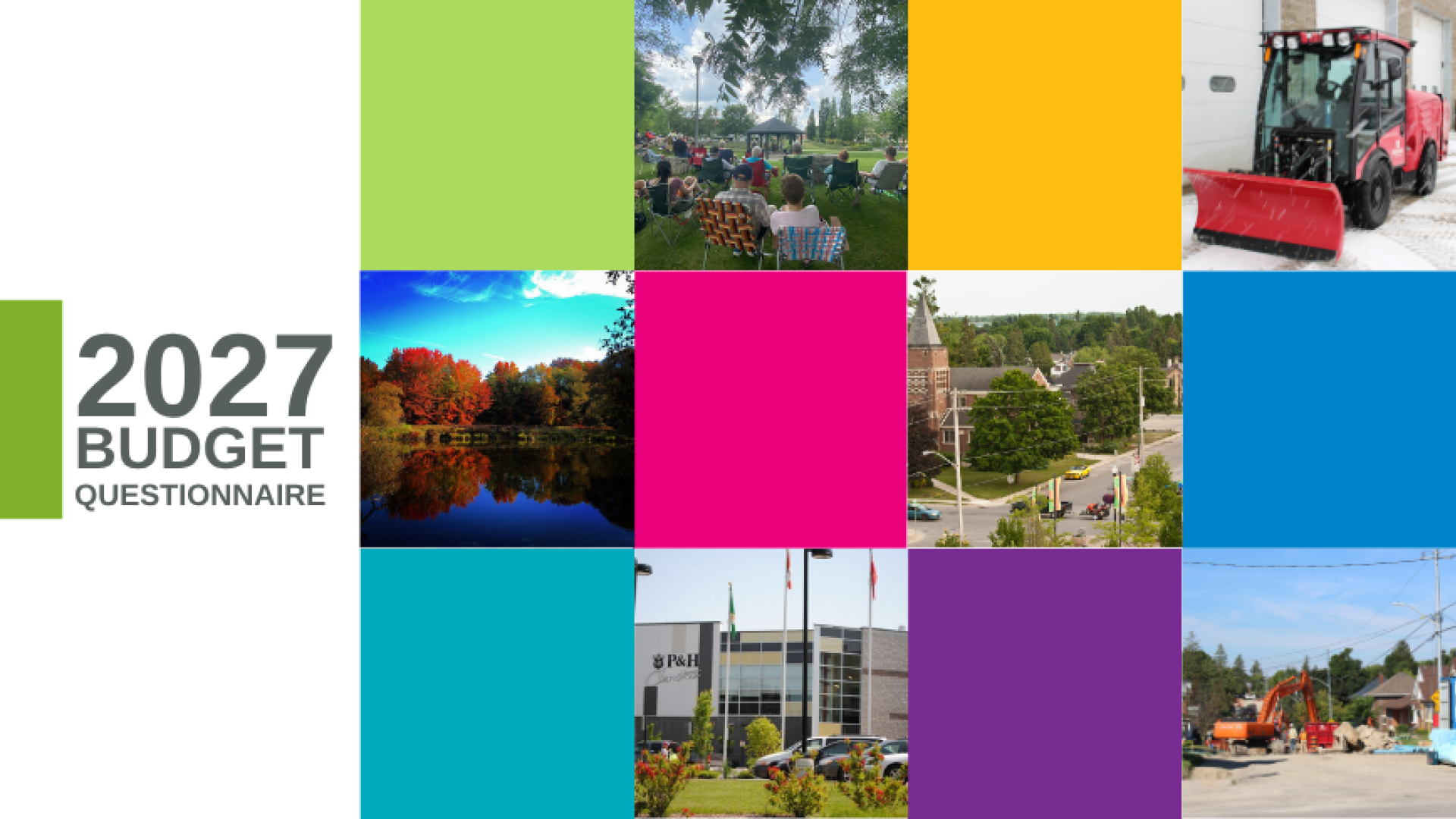 Municipal 2027 budget questionnaire banner with colorful grid of community photos and icons.