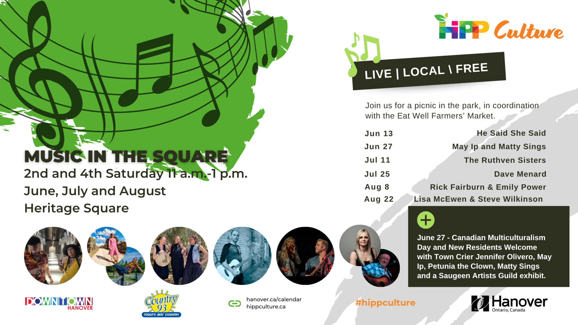 Poster promoting “Music in the Square,” featuring green musical notes, event details (2nd and 4th Saturdays, June–August, 11 a.m.–1 p.m., Heritage Square), performer dates, and logos for Hanover Hip Culture and partners.