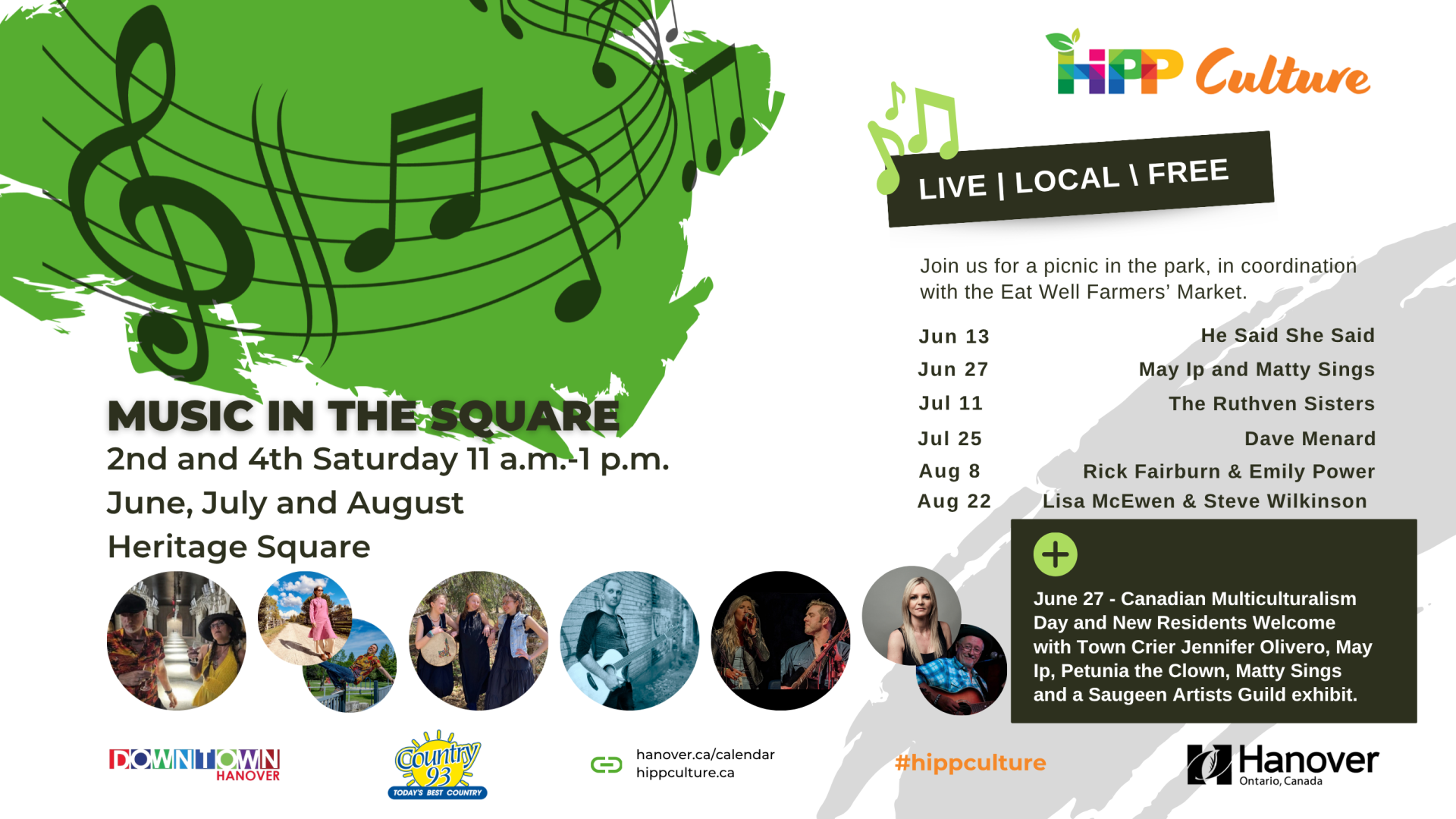 Summer outdoor music series poster with dates, performers, and ‘Live | Local | Free’ event details.