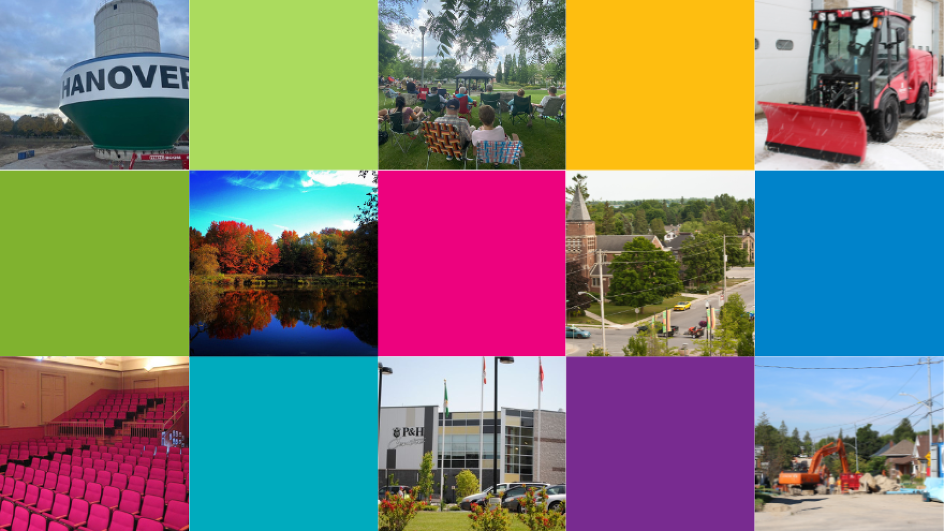 Colourful checked boxes of Town of Hanover Branded Colours and images of municipal services, including water, economic development, snow removal, parks, roads, civic theatre, P & H Centre and development