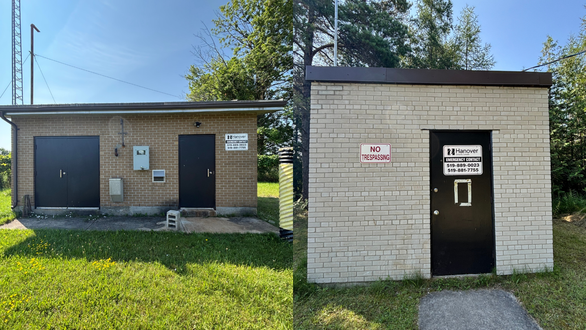 Photo of outside buildings of Well Number One and Well Number Two in the Town of Hanover, one building with brown bricks and brown doors and trim and the other with grey bricks and a brown door.