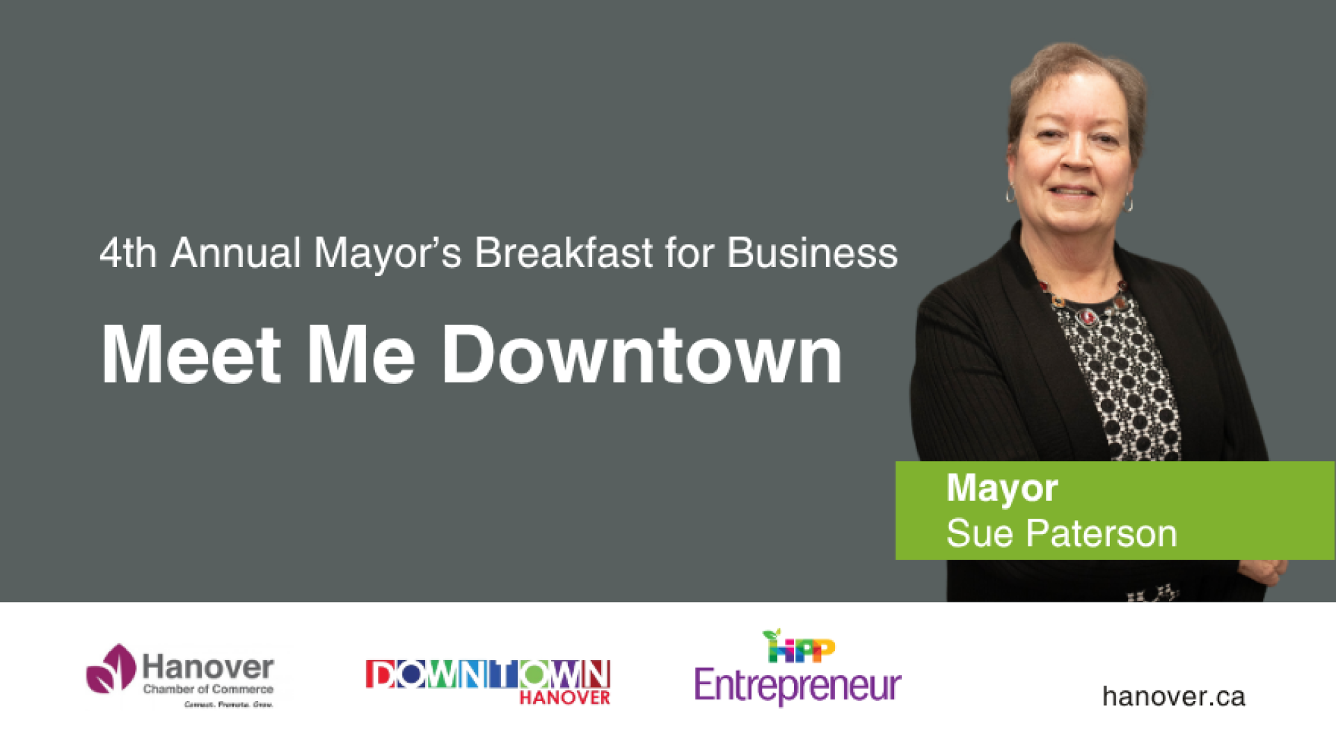 Mayor's Breakfast for Business: Meet Me Downtown, photos of Mayor Sue Paterson, woman wearing a black top and patterned shirt.