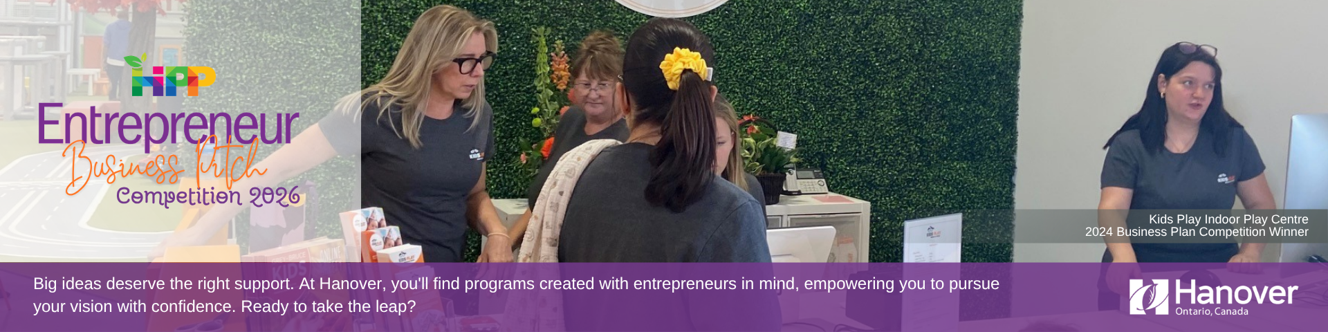 A group of women behind a work desk, serving cutomers, a lady with a small child, with a playroom in the background, text stating, "Entrepreneur Business Pitch Competition 2026
