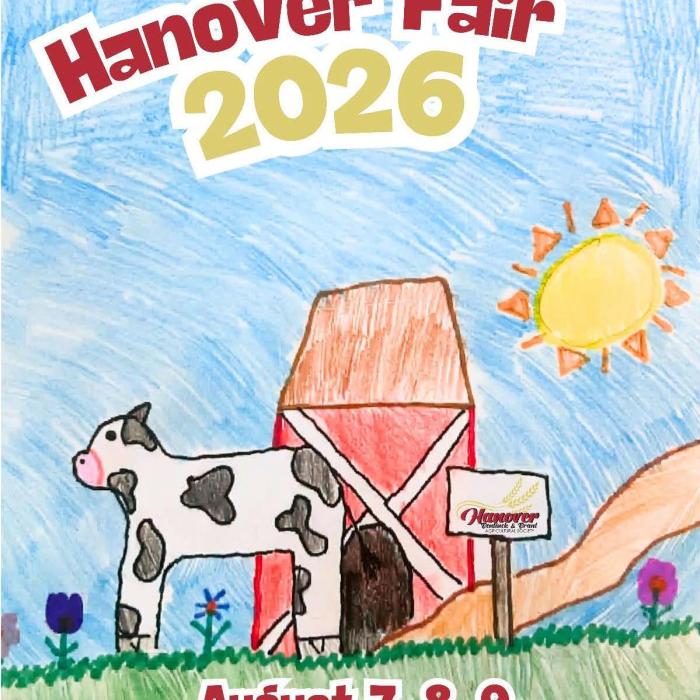 Kids drawing of a cow outside a barn with a yellow sun and blue sky with green grass. Text that says Hanover Fair 2026 August 7, 8 & 9