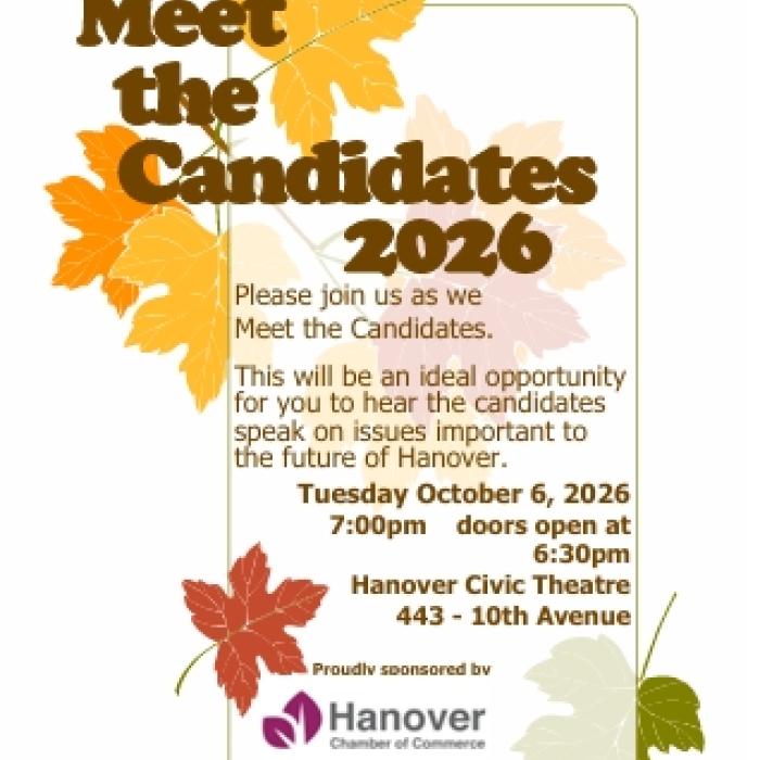 Meet the Candidates 2026 poster with colourful fall leaves in the background and the Hanover Chamber of Commerce logo