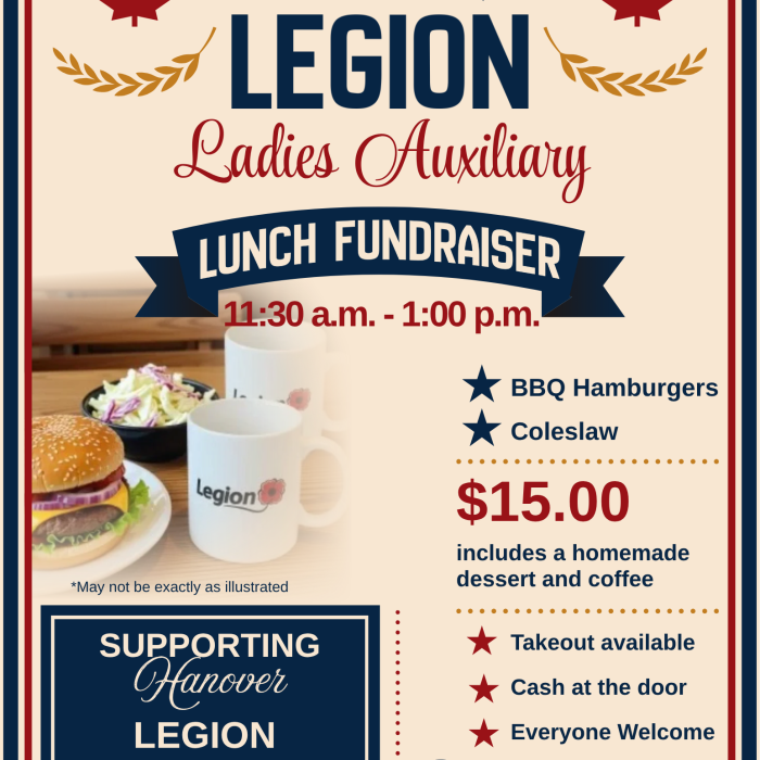 Hanover Legion Ladies Auxiliary Lunch Fundraiser. Beigh background with red and blue borders, a photos of a hamburger and coleslaw with a white Legion mug on a table.
