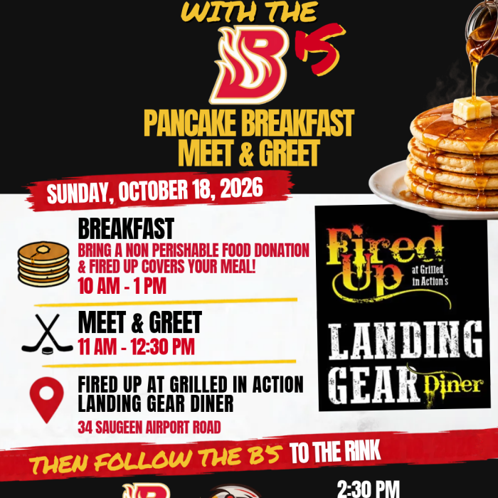 Enjoy a pancake breakfast, meet members of the Hanover Barons and support the community with a non-perishable food donation before following the B’s to the P&H Centre for their 2:30 PM game against Mitchell.