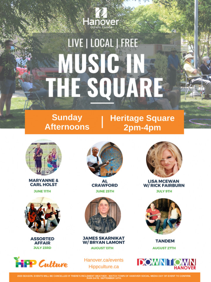Music in the square poster, live, local, free. Sunday afternoons 2 pm to 4 pm