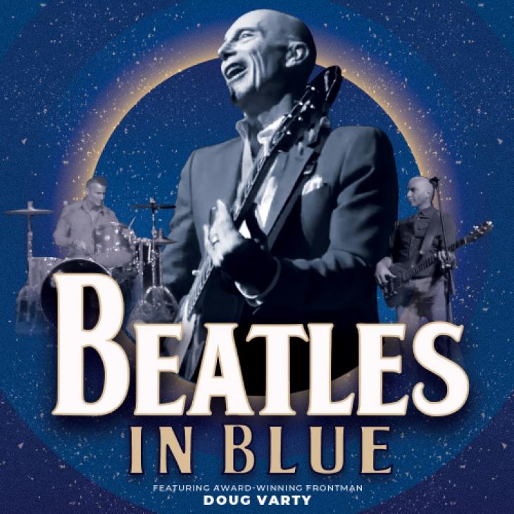 man holding a guitar. Beatles in blue featureing award-winning frontman Doug Varty
