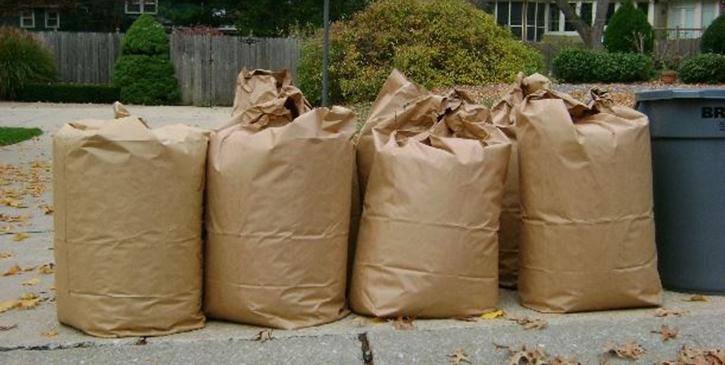 Large, full brown bags on a curbside filled with leaves and compostable plant material. There is a green plastic bin to their right-hand side.
