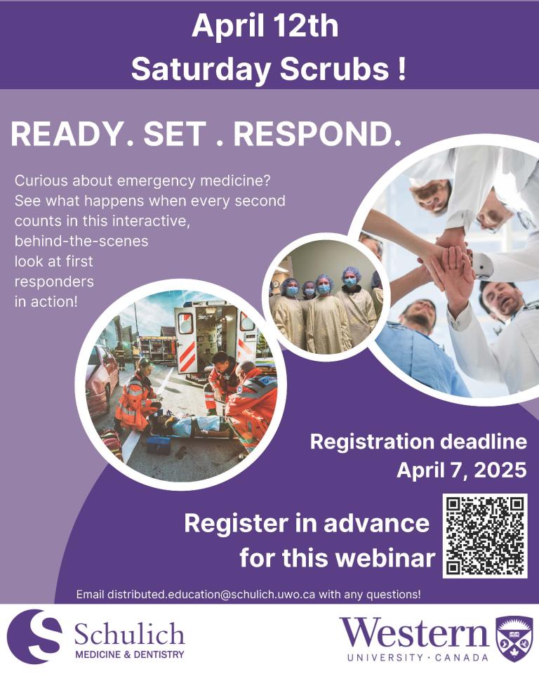 Poster depicting an emergency response scene and people in doctor scrubs. Advertising for webinar.