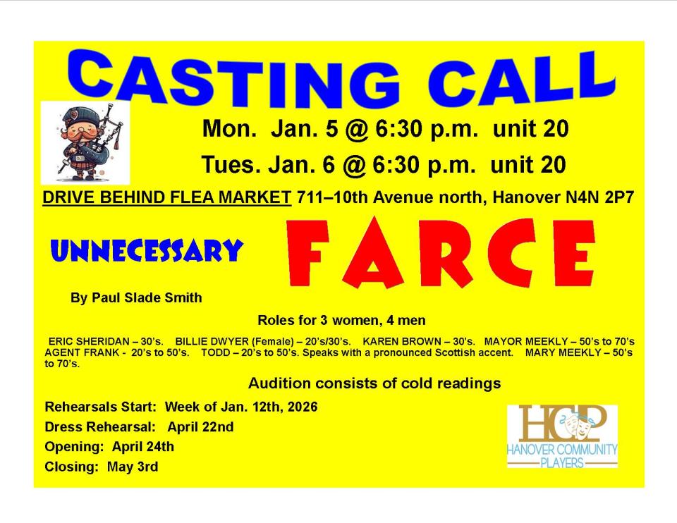 Yellow background, Unnecessary Farce, name of show Jan. 5 or 6 @ 6:30 p.m.