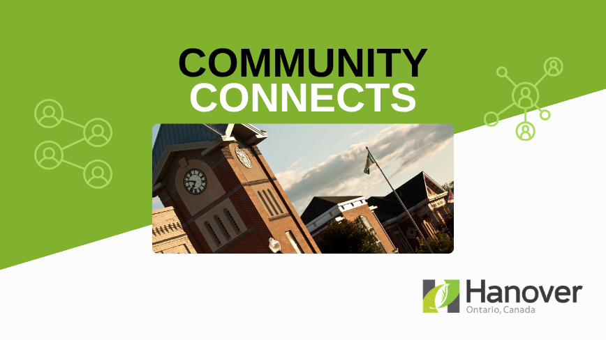 Promotional graphic titled “COMMUNITY CONNECTS” with a green and white background and simple network icons. At the center is a photo of a brick civic building with a clock tower and a Canadian flag, shown in warm evening light.