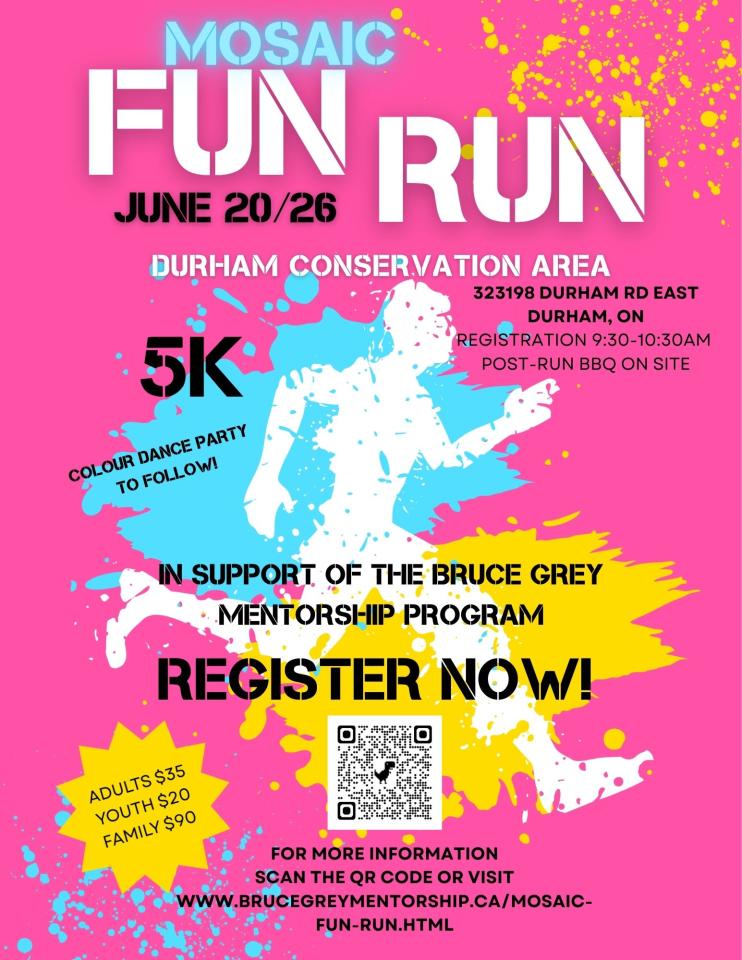 Mosaic Fun Run poster for Bruce Grey Mentorship