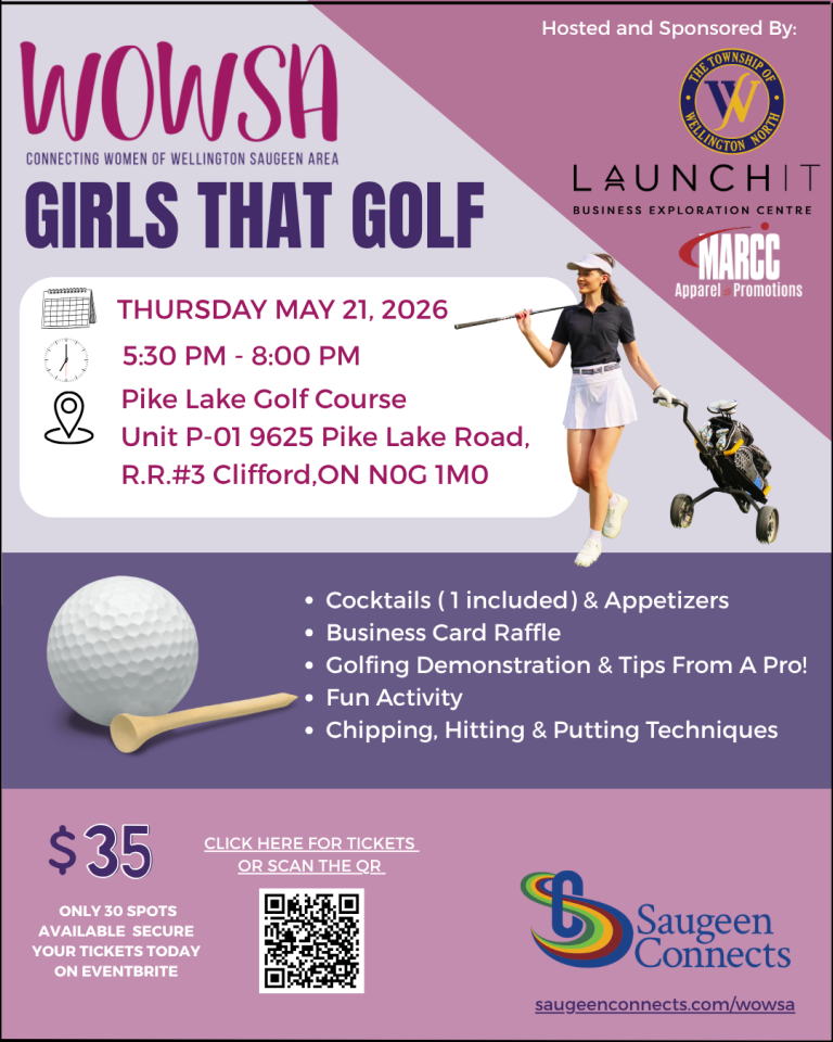 Promotional poster for a WOWSA (Connecting Women of Wellington Saugeen Area) event titled “Girls That Golf.” The design uses purple and pink tones and includes a photo of a person holding a golf club beside a golf push cart. Event details are displayed: Thursday, May 21, 2026, from 5:30 PM to 8:00 PM at Pike Lake Golf Course, Unit P-01, 9625 Pike Lake Road, R.R. #3 Clifford, ON N0G 1M0. The event includes cocktails (one included), appetizers, a business card raffle, a golf demonstration with tips,