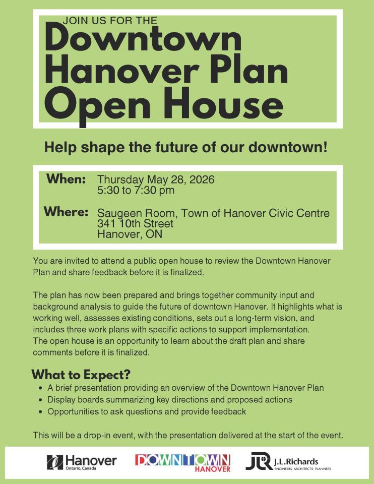 Image of invite to Downtown Hanover Plan Open House with Hanover Logo, Downtown Hanover logo and J.L. Richards logo