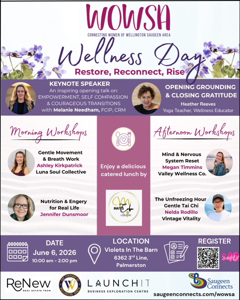 Promotional poster for a WOWSA (Connecting Women of Wellington Saugeen Area) event titled “Wellness Day – Restore, Reconnect, Rise.” The design features a light purple and pink colour palette with floral accents along the top and a sand-textured background behind the workshop sections.