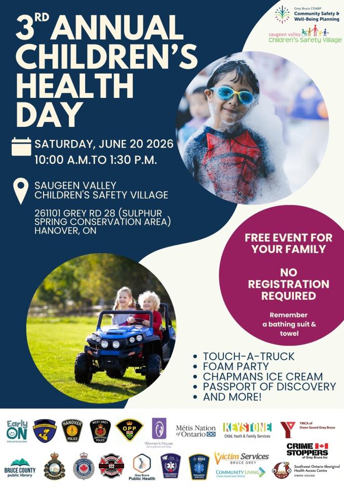 3rd Annual Children's Health Day poster - free event for family no registration required. Partner logos. Image of child in bathing suit with foam and two children driving mini Jeep