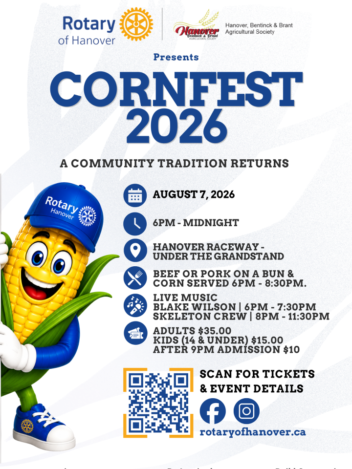 cornfest mascot announding event with information about location and time