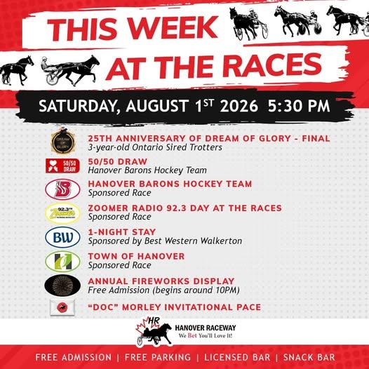 This week at the races poster. Saturday, August 1, 2026 at 5:30 p.m.