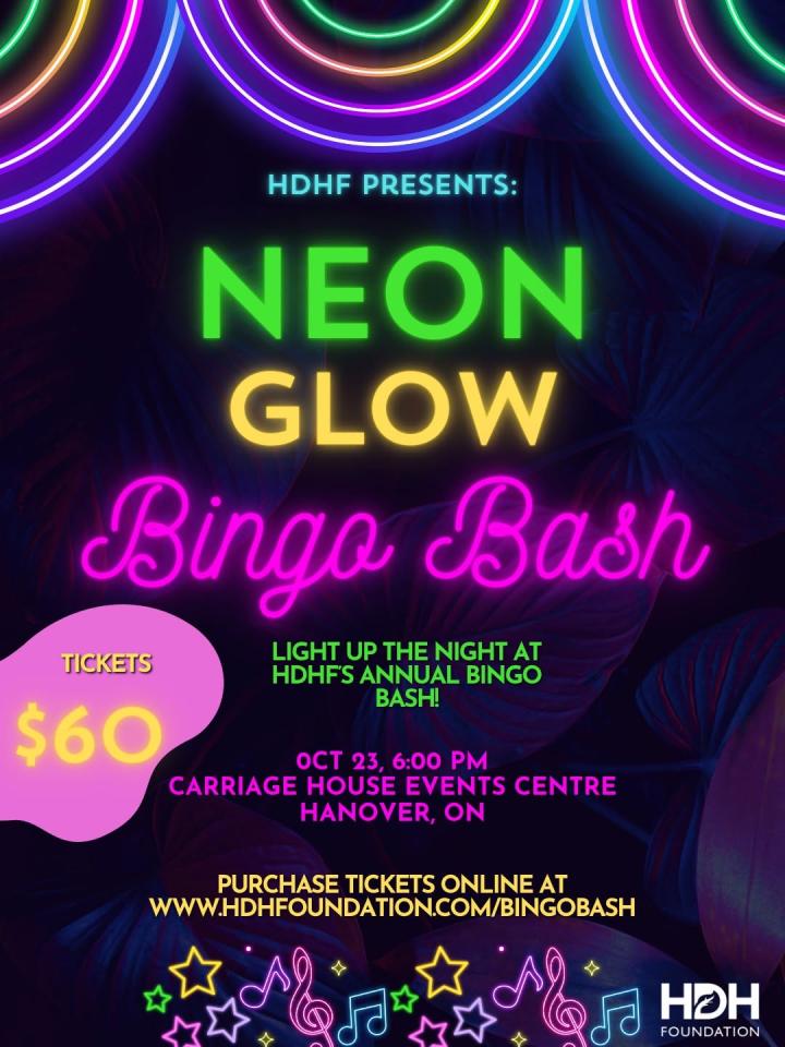 Neon highlighted image with dark purple leaves in the background for HDHF presents: Neon Glow Bingo Bash, tickets $60