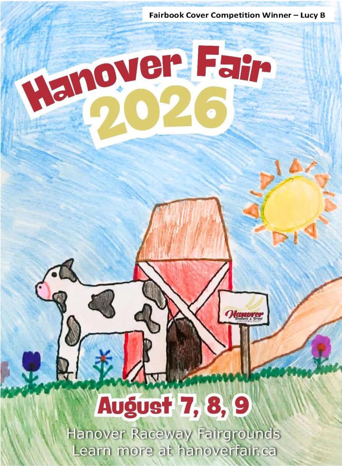 Kids drawing of a cow outside a barn with a yellow sun and blue sky with green grass. Text that says Hanover Fair 2026 August 7, 8 & 9
