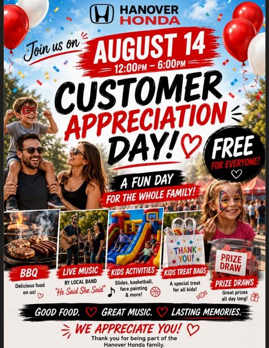 Hanover Honda Appreciation Event Poster with a smiling Caucasian family, the mom and dad are tanned with brown hair wearing black sunglasses and a black shirt and the child is on the dad's shoulders smiling with a face painted red superhero mask. A young girl is getting her face painted with a butterfly.