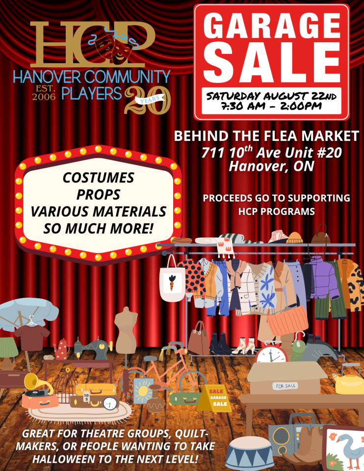Poster for Hanover Community players Garage Sale, red curtain with a box that says for sale and different graphics of costumes and props