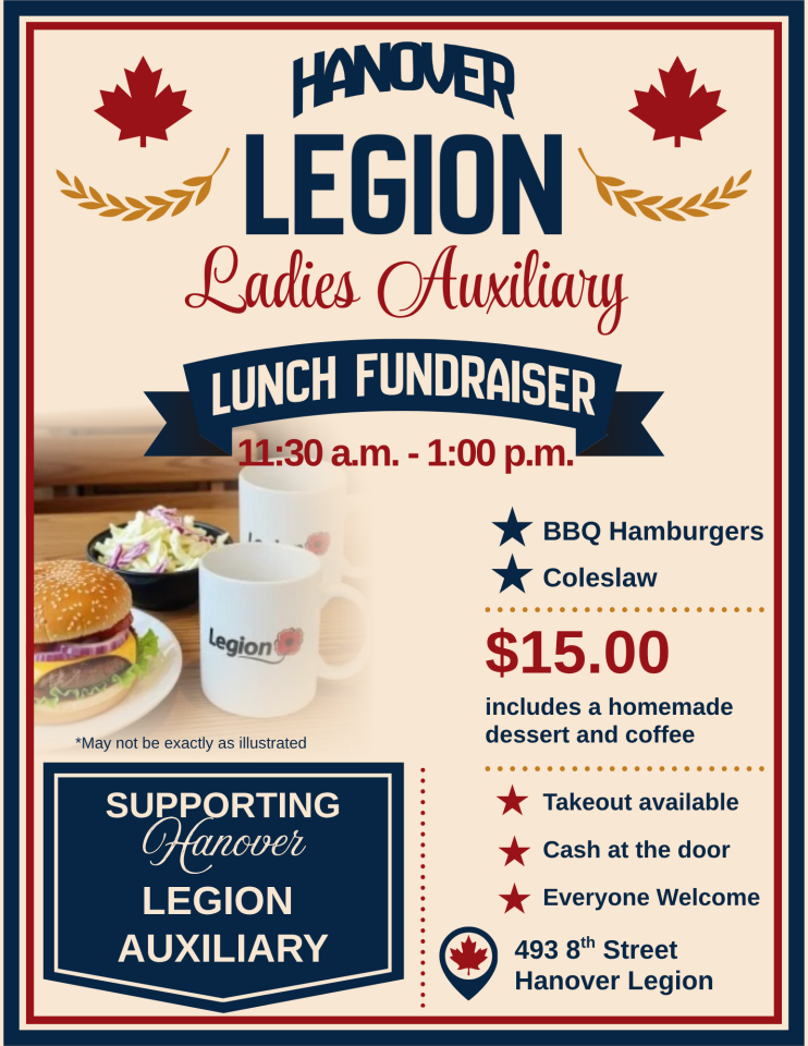 Hanover Legion Ladies Auxiliary Lunch Fundraiser. Beigh background with red and blue borders, a photos of a hamburger and coleslaw with a white Legion mug on a table.