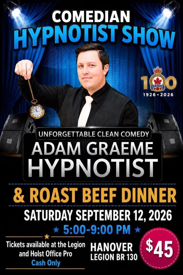 A man with a pocket watch dangling from his hand, wearing a black shirt with a white tie. Text saysComedian Hypnotist Show & Roast Beef Dinner at the Hanover Legion Branch 130