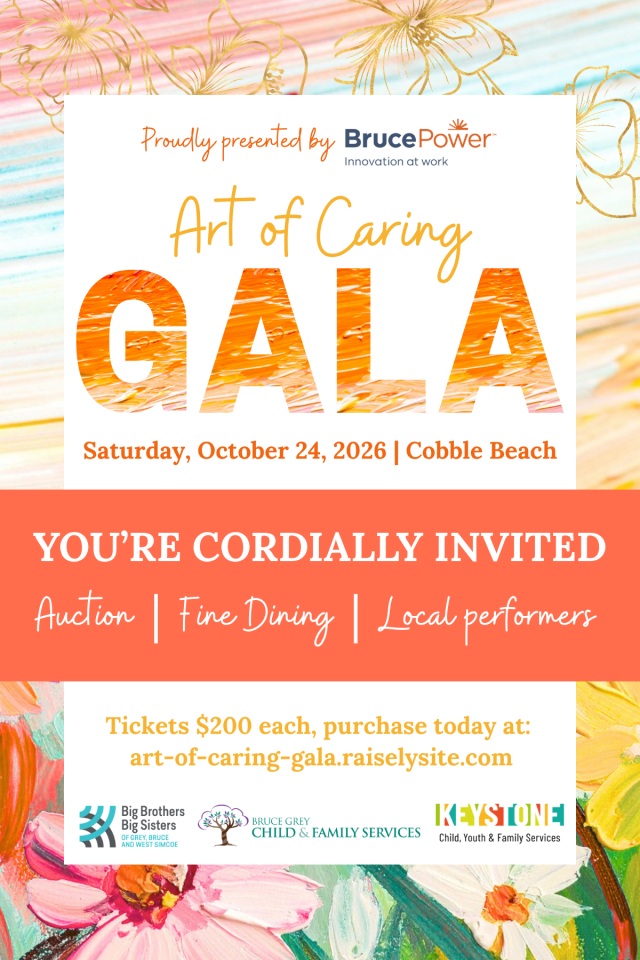 Art of Caring - Youth Charity Gala Invitation. Bright colours, reads "Proudly presented by Bruce Power. Art of Caring Gala. Saturday, October 24, 2026 at Cobble Beach. You're cordially invited. "