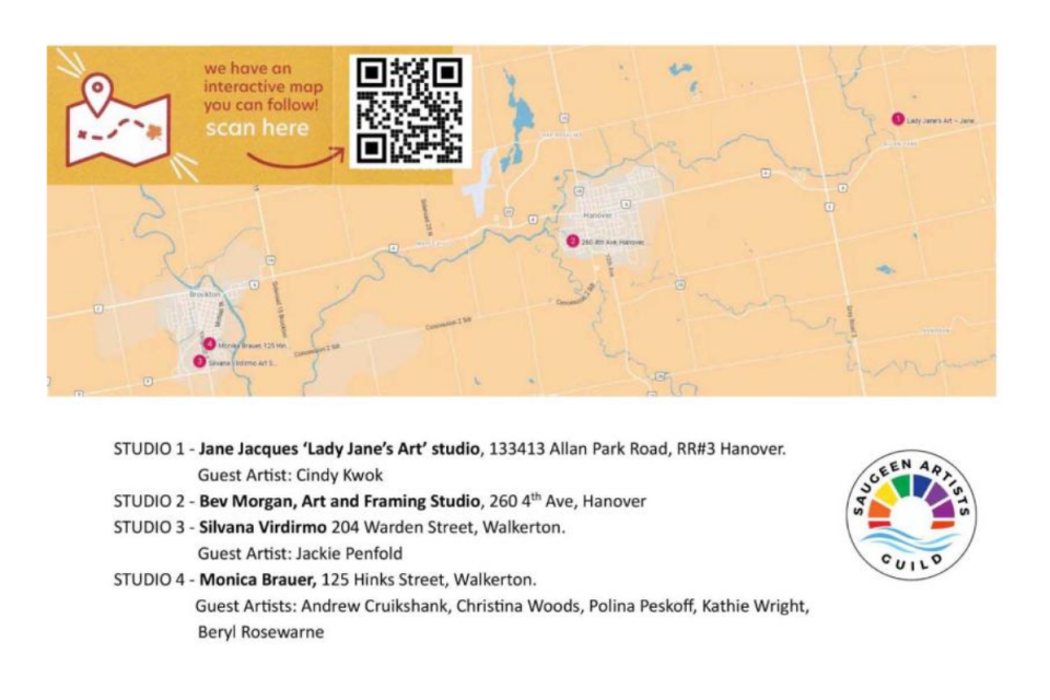 A map with all the locations for the Saugeen Artists Guild Fall Studio Tour