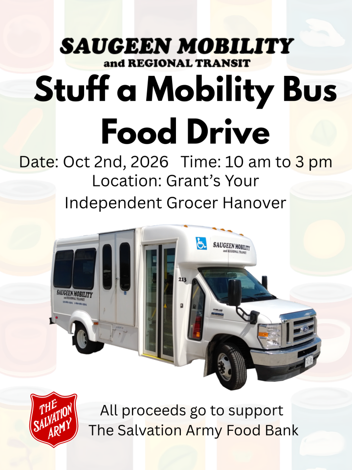 this is a poster, with a picture of one of our nine-person buses. Stating that date of October 2nd at Grant's Your Independent Grocer. Between the hours of 10am to 3pm. 