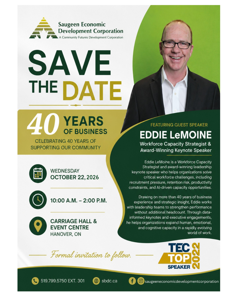 Save the Date poster for Saugeen Economic Development Corporation Celebrating 40 Years of Business