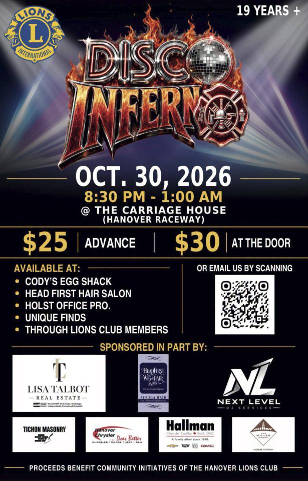 Disco Inferno graphic with Lion's Club - Hanover Lion's Club Logo, purple background, oruple checkerd box with October 30, 2026 830 p.m. to 1 a.m. @ The Carriage House text. Proceeds benefit community initiatives of the Hanover Lions Club