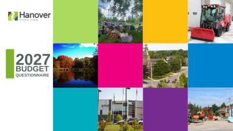 2027 Budget questionnaire with town of hanover logo and colourful squares and photos of different Town of Hanover assets and services