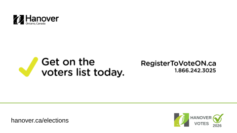 Get on the voters list text with Hanover.ca logo and Hanover votes logo. RegisterToVoteON.ca call 1.866.242.3025