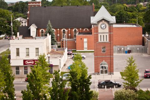 Aerial shot of town of Hanover Civic Centre with clock tower