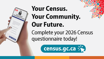 A hand holding a phone with a portion of a Canadian maple leaf in the top left corner. Visit census.gc.ca