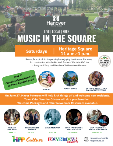 Promotional poster for “Music in the Square” in Hanover, Ontario. Background photo shows people seated on lawn chairs in a park facing a gazebo with live performers. Large text reads “LIVE | LOCAL | FREE — Music in the Square.” Event details list Saturdays, 11 a.m.–1 p.m., at Heritage Square. Smaller text invites visitors to enjoy a picnic and notes coordination with the Eat Well Farmers’ Market. A highlighted notice reads “June 27 Canadian Multicultural Day and New Resident Event