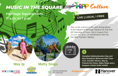 Music in the Square poster featuring live local performers at Heritage Square, 11 a.m.–1 p.m., with event details and community highlights in Hanover.
