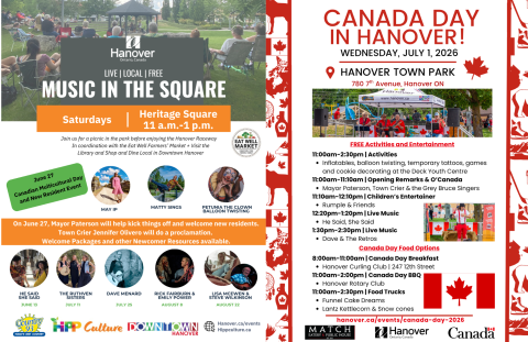 Poster featuring Music in the Square concerts and Canada Day events in Hanover.
