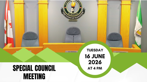 Special Council Meeting Tuesday, June 16 at 4 p.m. Decorated image of Town of Hanover Council Chambers